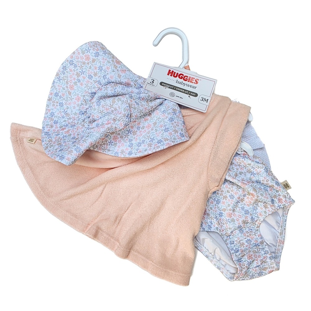NWT Huggies Baby Girl 3M Floral Swimsuit Cover Up Sun Hat 3Pc Set UPF 50+